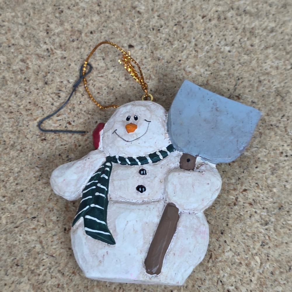 Hand Painted Snowman Christmas Ornament Signed Folk Art Rustic‎ Shovel 3 Inch